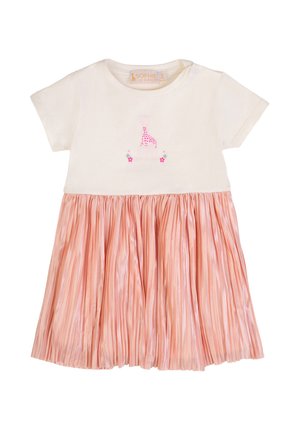 Vestito bianco per neonati a maniche corte con gonna plissettata rosa e grafica di giraffa rosa sul petto.