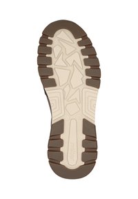 Bruine en crème rubberen schoenzool met een getextureerd profielpatroon, een gebogen hak en gegroefde randen voor grip en stabiliteit.