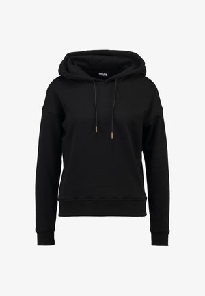 Fekete kapucnis pulóver, húzózsinórral, bordás mandzsettákkal és hem. Puha anyagból készült, diszkrét arany díszítéssel a húzózsinórokon.