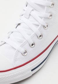 Baskets en toile blanche avec œillets métalliques, lacets blancs et semelle en caoutchouc avec des rayures rouges et bleues.