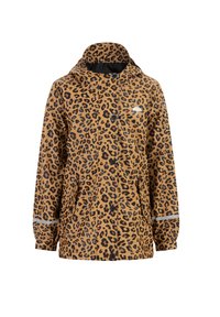 Leopárdmintás esőkabát, barna alapszínnel, fekete foltokkal, kapucnival, patentos záródással és ezüst szegélyekkel a mandzsettákon.