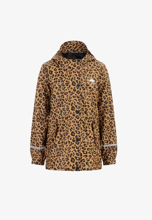 Chaqueta de lluvia con estampado de leopardo que presenta una base marrón, manchas negras, capucha, cierres a presión y acentos plateados en los puños.