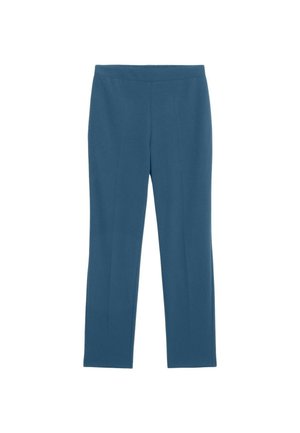Blauwe, rekbare stofbroek met een gladde textuur, voorzien van een aansluitende taille en rechte benen. Geen zichtbare sluitingen of zakken.