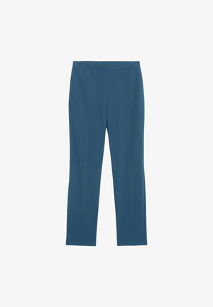 Blaue, elastische Stoffhosen mit glatter Textur, ausgestattet mit einer taillierten Taille und geraden Beinen. Keine sichtbaren Verschlüsse oder Taschen.