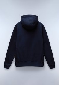 Marineblauwe hooded sweatshirt van een katoenmix, met lange mouwen, een kangoeroezak en ribgebreide boorden en onderkant. Zachte textuur.