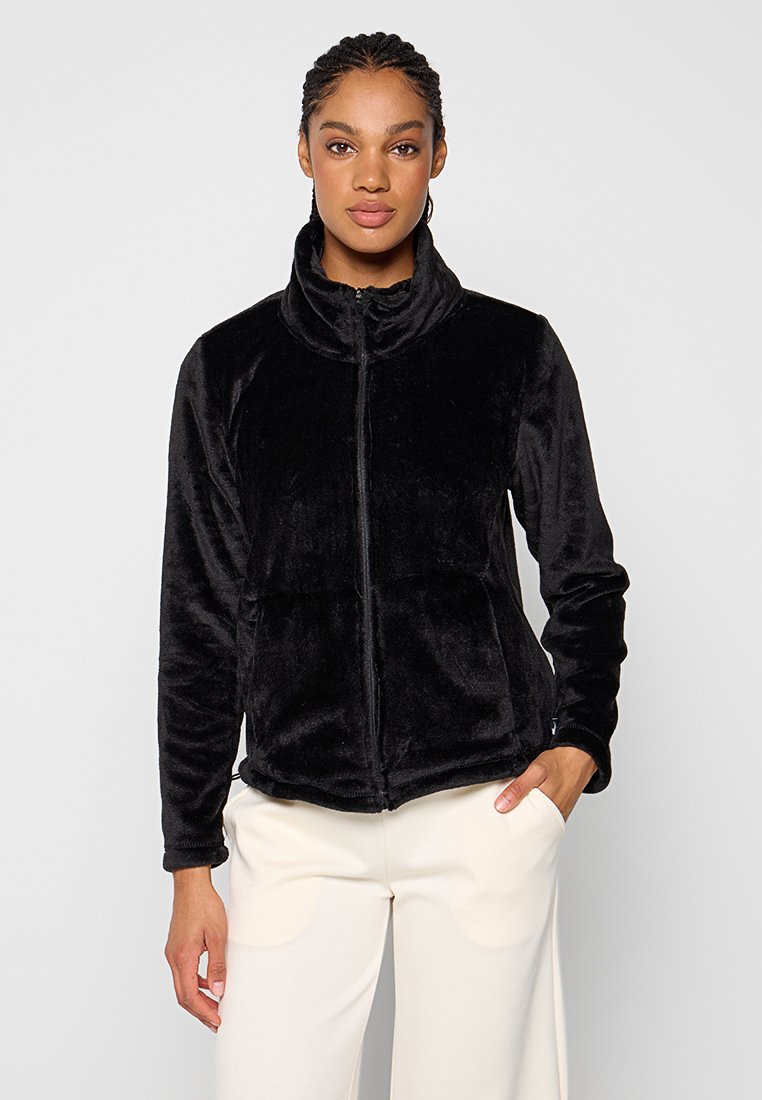 Schwarze Fleecejacke mit hohem Kragen, Frontreißverschluss und langen Ärmeln. Weiche Textur mit glattem Finish, geeignet für die Freizeit.