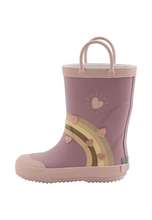 Różowy gumowy kalosz z wzorem tęczy i sercami, wyposażony w dwa uchwyty do przenoszenia oraz teksturowaną podeszwę zapewniającą przyczepność.
