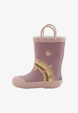 Różowy gumowy kalosz z wzorem tęczy i sercami, wyposażony w dwa uchwyty do przenoszenia oraz teksturowaną podeszwę zapewniającą przyczepność.