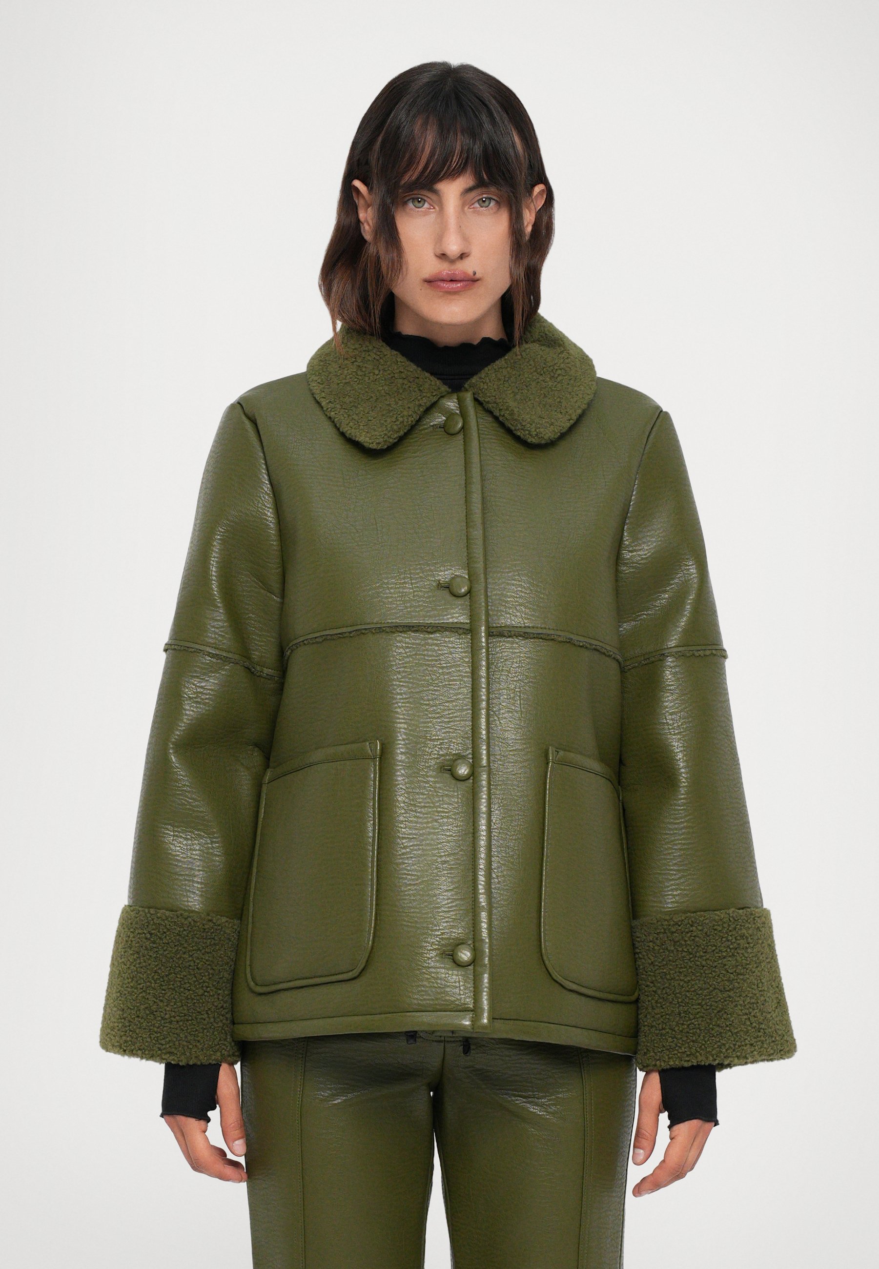 BAUM UND PFERDGARTEN olive green leather Louise Faux Leather Cuffed Hat Shop Accessories from Baum und Pferdgarten | Official Store main image 2