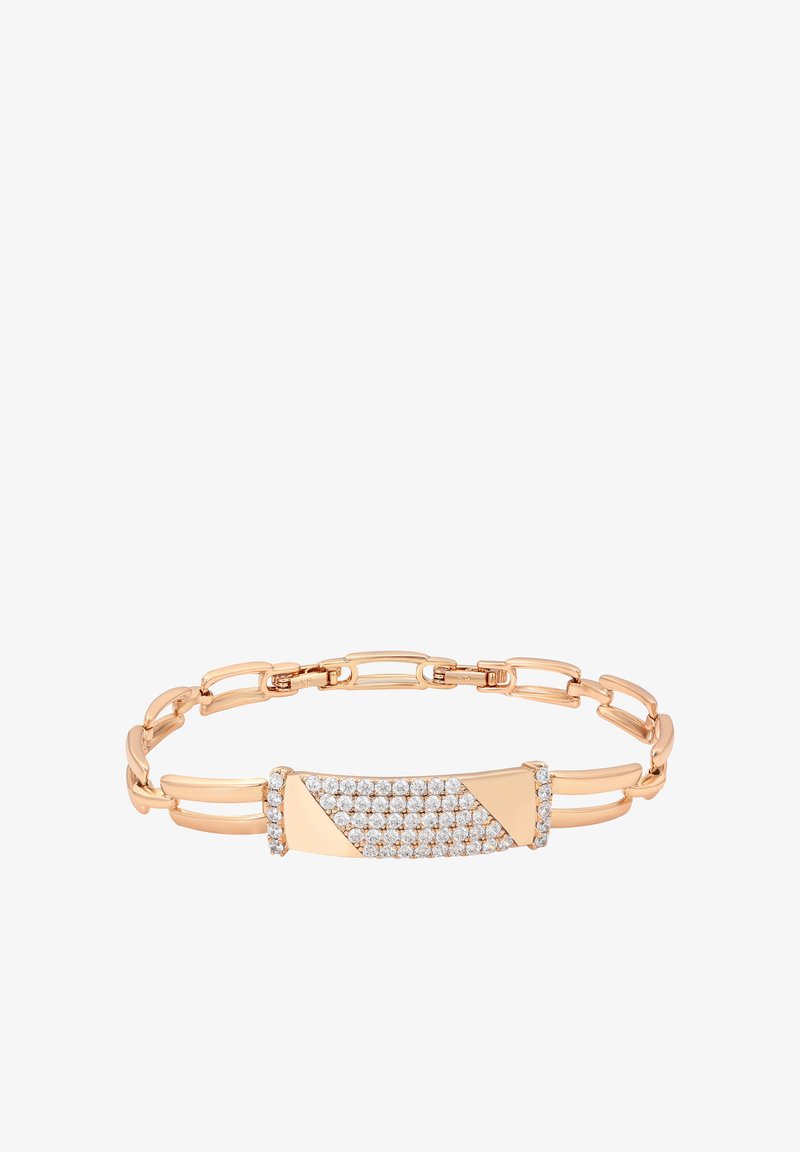 Rose gold armbånd med et tekstureret kæde-design og et buet midterstykke med et diamantlignende stenmønster.