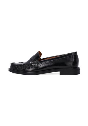 Schwarze Lederlammeln mit abgerundetem Zehenbereich, strukturierten Details und glatter Oberfläche. Sie verfügen über eine flache Sohle und ein minimalistisches Design.