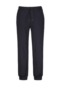 Pantalones de chándal azul marino hechos de una tela suave. Cuentan con una cinturilla elástica con un cordón, piernas ajustadas y puños elásticos en los tobillos.