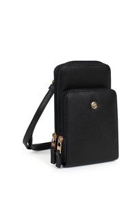 Borsa a tracolla in pelle nera con superficie testurizzata, due scomparti con zip e un accento in metallo color oro. Design compatto e strutturato.