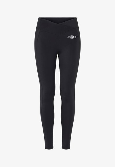 Crne atletske tajice izrađene od rastezljivog materijala, s pojasom u obliku križa i malim bijelim logotipom na bedru.