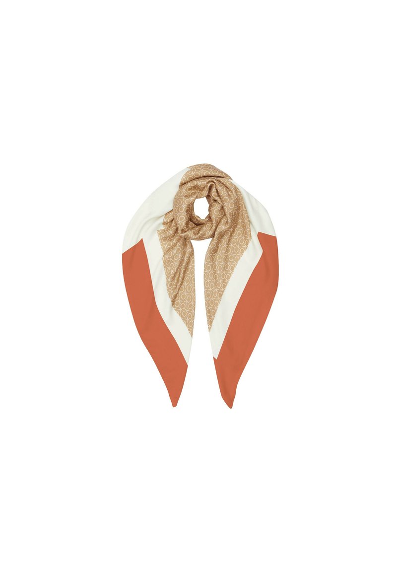 Sciarpa di seta con un design triangolare in arancione, bianco e una sezione beige a fantasia. Texture morbida con una finitura liscia.