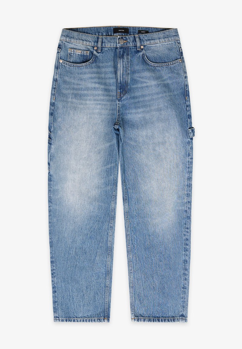 Light blue denim jeans featuring a high waist, straight leg design, five pockets, and slight fading for a worn look.