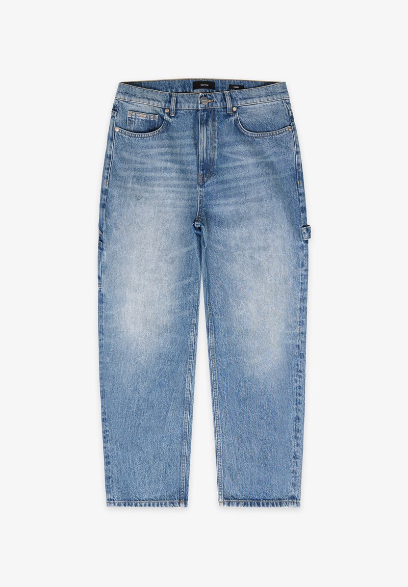 Light blue denim jeans featuring a high waist, straight leg design, five pockets, and slight fading for a worn look.