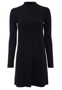 Robe noire à manches longues avec un col haut, dotée de deux poches avant ; fabriquée dans un tissu doux avec une texture lisse.