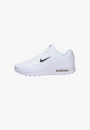 White athletic shoe with a textured mesh upper, black swoosh logo, and visible Air unit in the sole. Rounded toe and cushioned collar.