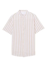 Camicia a maniche corte con colletto in strisce verticali beige e bianche. Presenta una chiusura frontale con bottoni e un tessuto leggero e testurizzato.