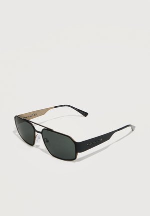 Black and gold Michael Kors rectangular sunglasses with dark lenses and adjustable nose pads, displayed on a white background.