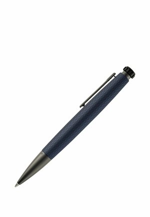 Blue ballpoint pen with textured grip, black clip, and black twist top isolated on white background.