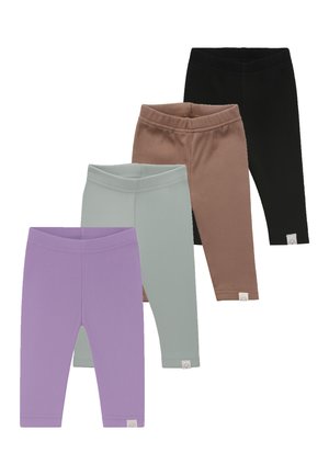 Vier Paar gerippte Baby-Leggings in Schwarz, Braun, Hellgrün und Lila, jeweils mit einem kleinen weißen Logotag am Hosenbund.