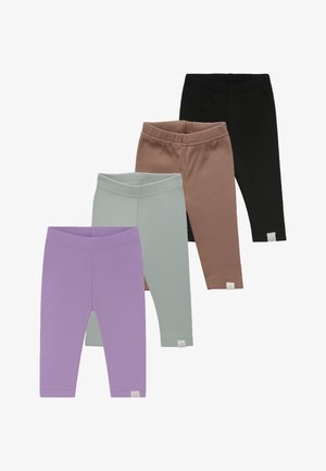 Vier Paar gerippte Baby-Leggings in Schwarz, Braun, Hellgrün und Lila, jeweils mit einem kleinen weißen Logotag am Hosenbund.