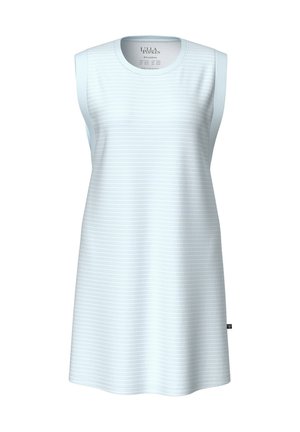 Ärmelloses, hellblaues Kleid mit einem weichen Streifenmuster, rundem Ausschnitt und lockerer Passform. Hergestellt aus glattem Stoff mit einem Etikett an der Seite.