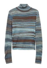 Långärmad polokrage tröja med horisontella ränder i nyanser av blått, brunt och grått; mjukt, elastiskt tyg med en figurnära silhuett.