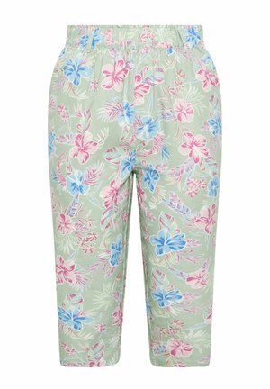 Pantaloni verde chiaro con stampa tropicale floreale rosa e blu, vita elastica e taglio a gamba dritta.
