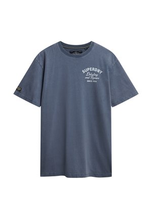 T-shirt in cotone blu navy con colletto rotondo, maniche corte e logo stampato bianco con il testo "SUPERDRY Detailing and Repairs."