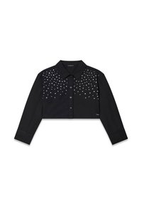 Maglietta nera a maniche lunghe, corta, con colletto e chiusura a bottoni, decorata con borchie silver disposte in un motivo sparso sul petto.