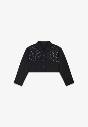 Zwarte cropped lange mouwen blouse met kraag en knoopsluiting, versierd met zilveren studs in een verspreid patroon over de borst.