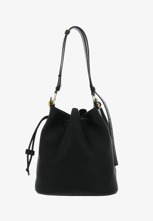 Schwarze Leder-Bucket-Bag mit gerafftem oberen Rand, glatter Textur, verstellbarem Riemen und goldfarbenen Metallakzenten.