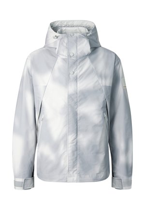 Lichtgrijze capuchonjas met drukknoopsluiting aan de voorkant, ritssluitingen aan de zijkanten, verstelbare manchetten en een hoge kraag voor koud weer.