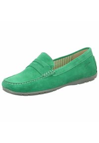 Groene suède mocassinschoen met gestikte accenten, een platte rubberen zool en een gestreepte stoffen voering. Klassiek instapontwerp.