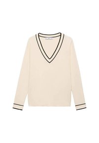 Maglione avorio a scollo a V con maniche lunghe, caratterizzato da rifiniture nere lungo il collo e i polsini, realizzato in un tessuto morbido e liscio.
