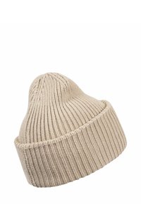 Crème rib gebreide beanie met een aansluitende top en een omgeslagen rand. De textuur is zacht en rekbaar, geschikt voor verschillende hoofdgroottes.