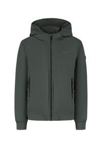Donkergroene capuchonjack met ritssluiting aan de voorkant, ritssluitingen aan de zijkanten, geribde manchetten en zoom, en een klein "Ballin" logo op de borst.