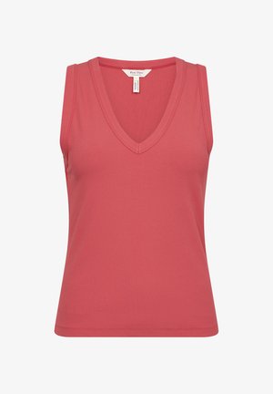 Top fără mâneci cu decolteu în V dintr-un material rib din coral. Are un design ajustat și cusături plate, fără modele sau detalii hardware suplimentare.