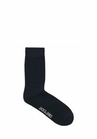 Ciemnoniebieska skarpetka o prążkowanej fakturze, do wysokości kostki, z białym logo "JACK&JONES" w pobliżu palców. Wykonana z miękkiego, elastycznego materiału.