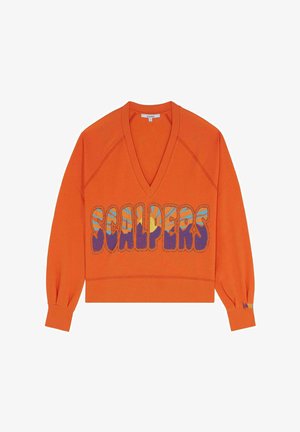 Orange cropped sweatshirt med dyb V-udskæring, prydet med et stort "SCALPERS" logo i lilla og flerfarvede detaljer. Ribbet manchetter og kant.