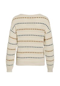 Gebreide trui met een openwerkdesign met beige, bruin en blauwe horizontale strepen. Geribbelde manchetten en zoom, ronde hals.