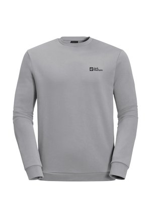 Grey sweatshirt made of soft fabric, featuring long sleeves and a round neck. A small black logo is displayed on the upper left side.