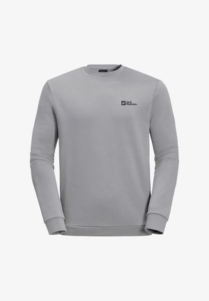 Grauer Sweatshirt aus weichem Material, mit langen Ärmeln und rundem Halsausschnitt. Ein kleines schwarzes Logo ist auf der oberen linken Seite angebracht.