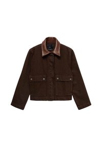 Veste en denim marron avec un col en cuir marron, des poches avant et des fermetures à boutons-pression. Design court et ajusté avec un minimum de détails.