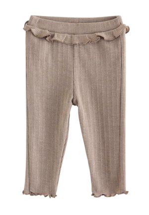 Beige ribstrikkede babyleggings med flæser i talje og kant, lavet af blødt stof.