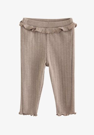 Beige ribstrikkede babyleggings med flæser i talje og kant, lavet af blødt stof.
