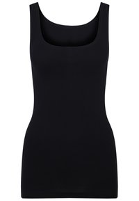 Juodas be rankovių marškinėlis su apvaliu iškirpimu, pagamintas iš lygaus, tampraus audinio. Prigludęs dizainas ir lygus apvadas.